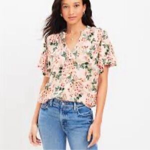 LOFT Floral V-Neck Flutter Sleeve Blouse Pink Green Size Large